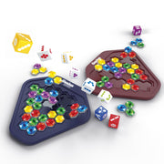 Genius Gems game with hexagonal puzzle boards, colorful gem pieces and dice