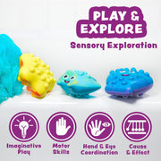 Colorful textured bath toys with sensory bumps promoting imaginative play and motor skills