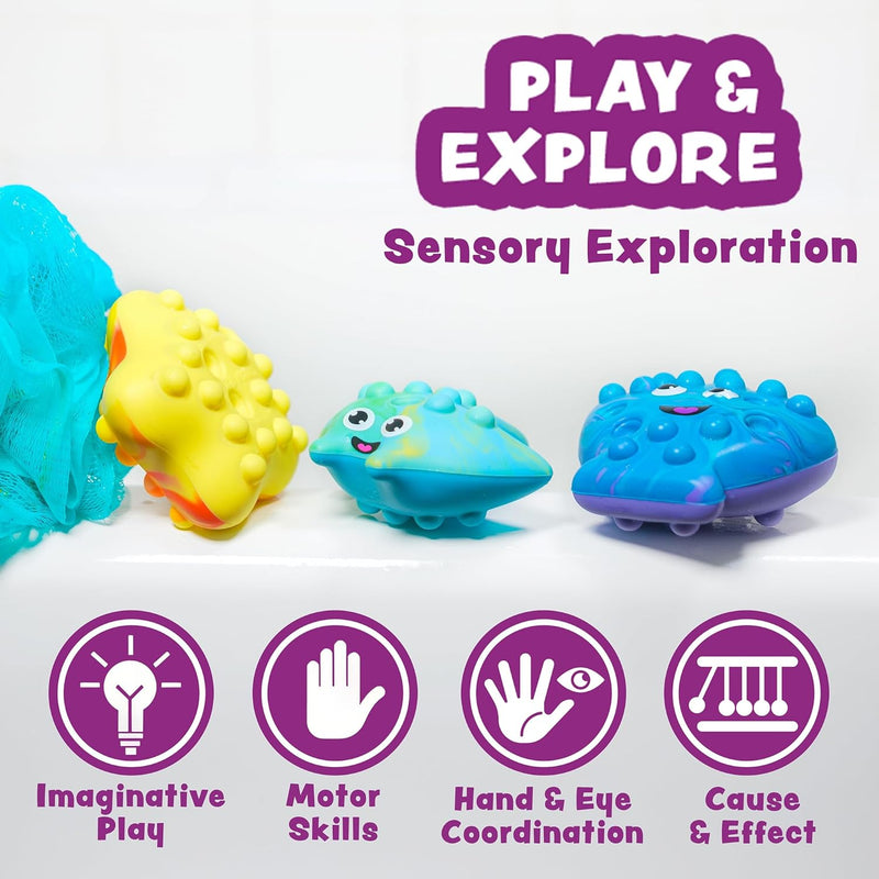 Colorful textured bath toys with sensory bumps promoting imaginative play and motor skills