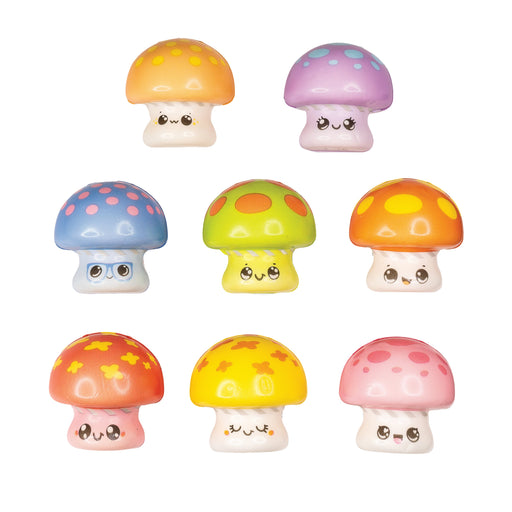 Eight colorful kawaii-style squishy mushroom toys with cute faces and polka dot caps