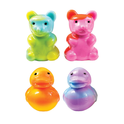 Four colorful tie-dyed gummy bear and duck toys in various rainbow colors