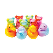 Collection of colorful tie-dyed rubber ducky and gummy bear bath toys on white background