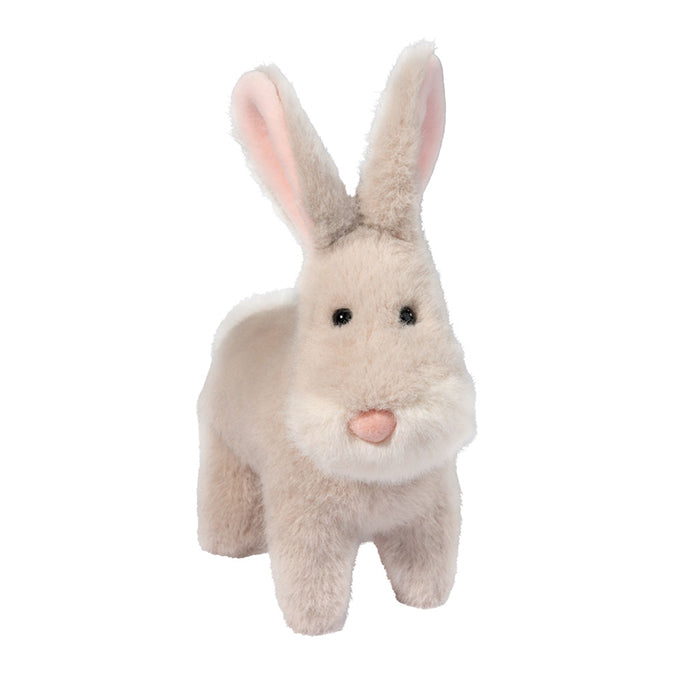 Beige plush bunny toy with long ears and pink nose on white background