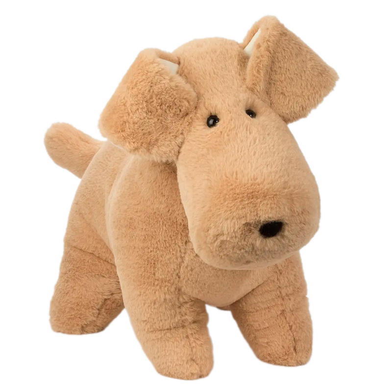 Tan plush dog stuffed animal with floppy ears on white background