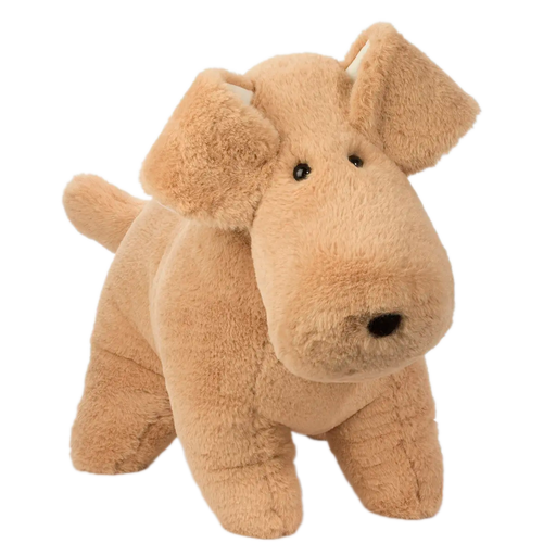 Tan plush dog stuffed animal with floppy ears on white background