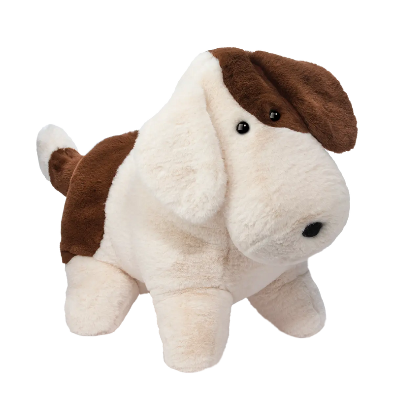 White plush dog toy with brown ears and spots on clean background