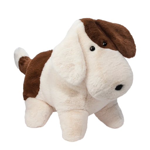 White plush dog toy with brown ears and spots on clean background