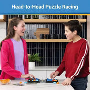 Two kids playing Rush Hour Duel puzzle racing board game at kitchen counter