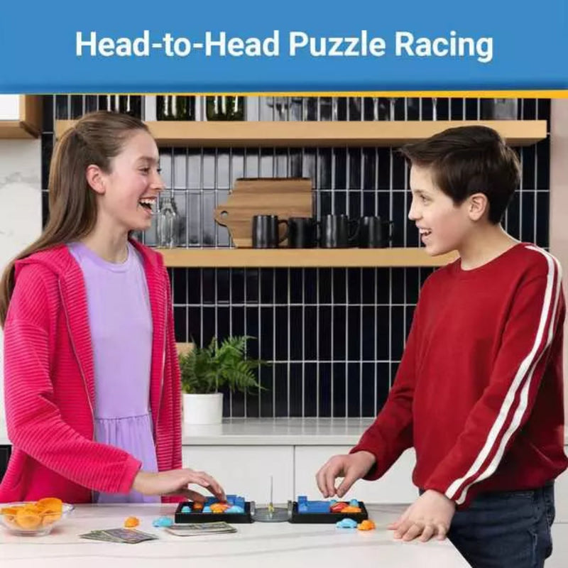 Two kids playing Rush Hour Duel puzzle racing board game at kitchen counter