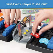 Two players competing in Rush Hour Duel board game with colorful car pieces