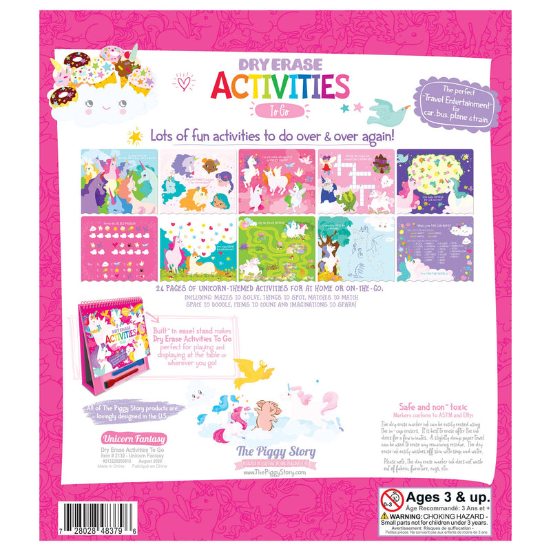 Unicorn Fantasy dry erase activity book back cover showing 24 pages of activities