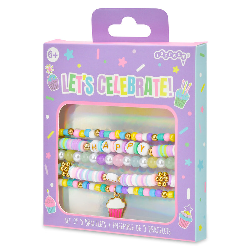 iScream Let's Celebrate bracelet set with 5 colorful beaded bracelets spelling HAPPY in retail packaging