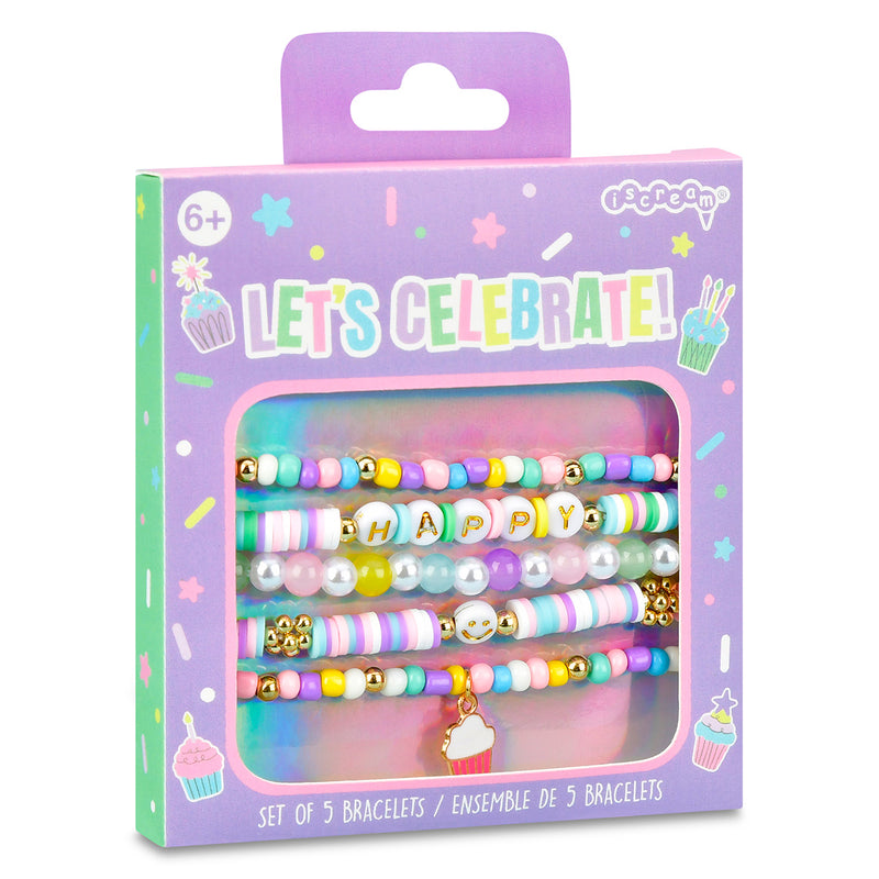iScream Let's Celebrate bracelet set with 5 colorful beaded bracelets in purple packaging