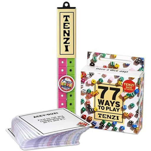 Tenzi dice game along with the 77 Ways to Play Tenzi package pwith cards and dice on a white background.