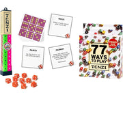 Tenzi dice game set with packaging, dice, and instructions on a white background.
