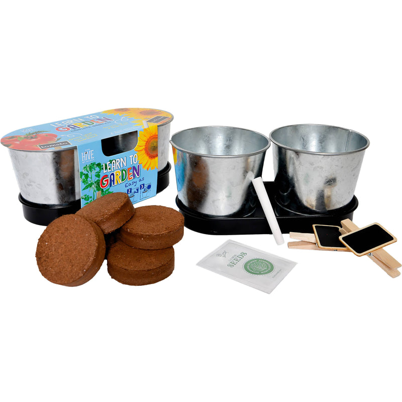 Learn To Garden grow kit with metal pots, soil discs, seeds and tools