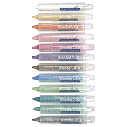 Twelve Wonder Stix crayons in various colors arranged vertically on white background