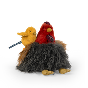 Plush toy set with red rooster, yellow chick, and gray fluffy hen on white background