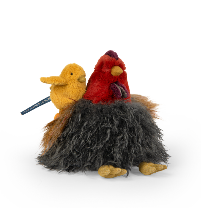 Plush toy set with red rooster, yellow chick, and gray fluffy hen on white background