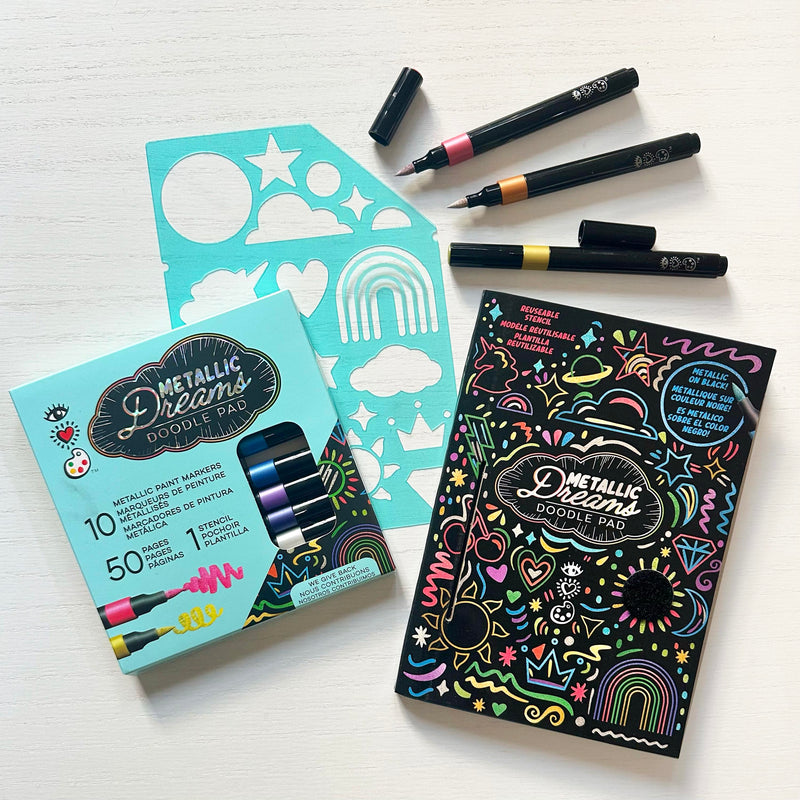 Metallic Dreams doodle pad set with markers, stencil and black notebook