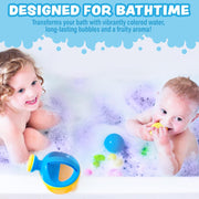 Two children enjoying colorful bubble bath with purple tinted water and bubbles