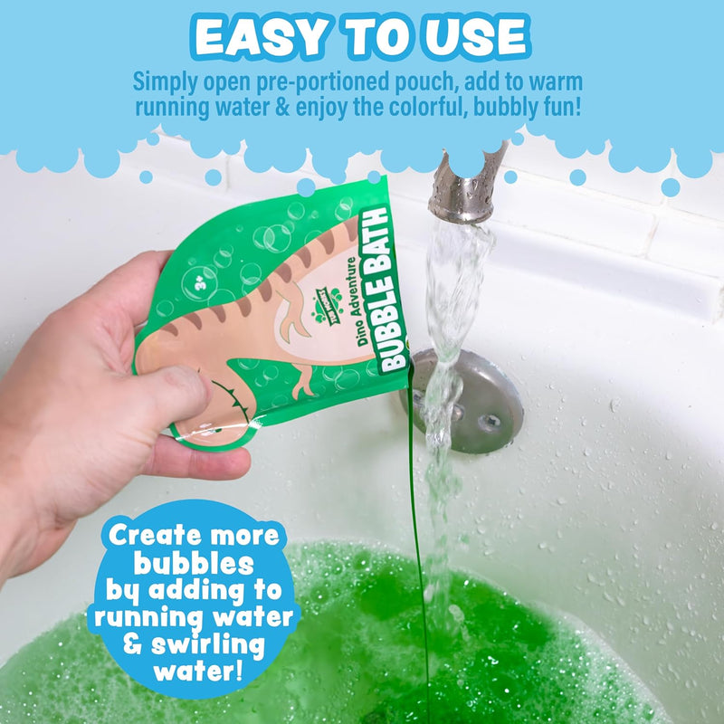 Green dinosaur bubble bath pouch being poured into bathtub with running water creating bubbles