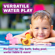 Child playing with colorful bath toys including duck and flamingo in pool water