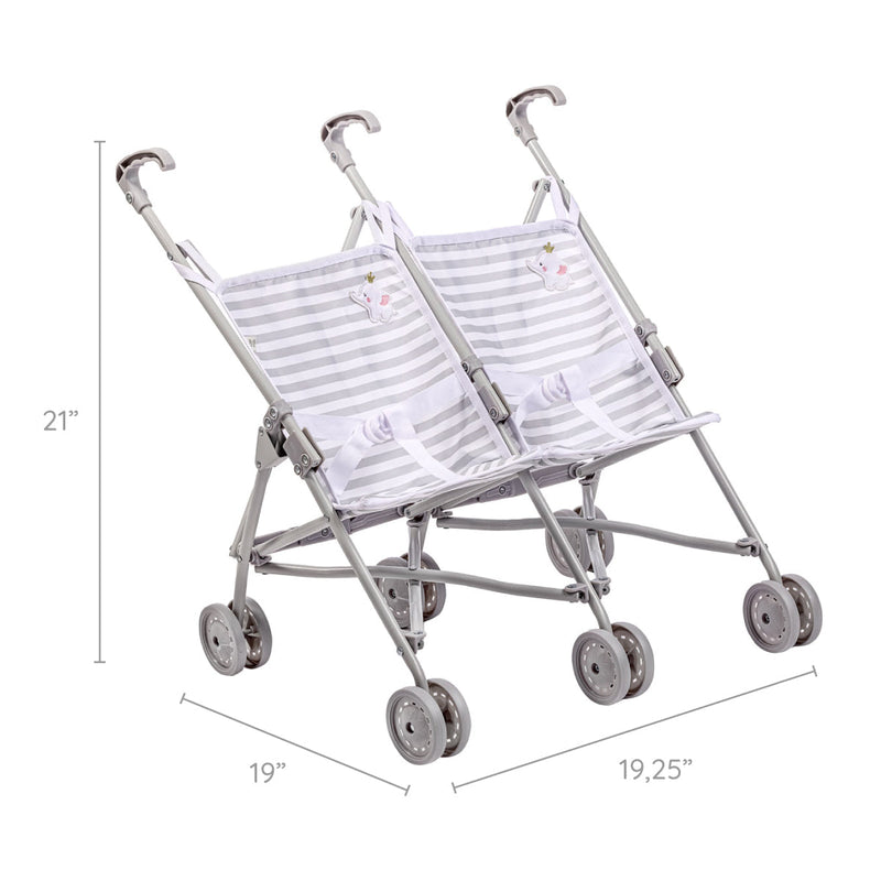 Twin umbrella stroller with grey elephant striped fabric and silver frame with dimensions