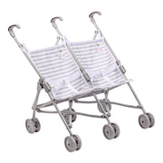 Twin umbrella stroller with grey and white striped fabric featuring elephant design