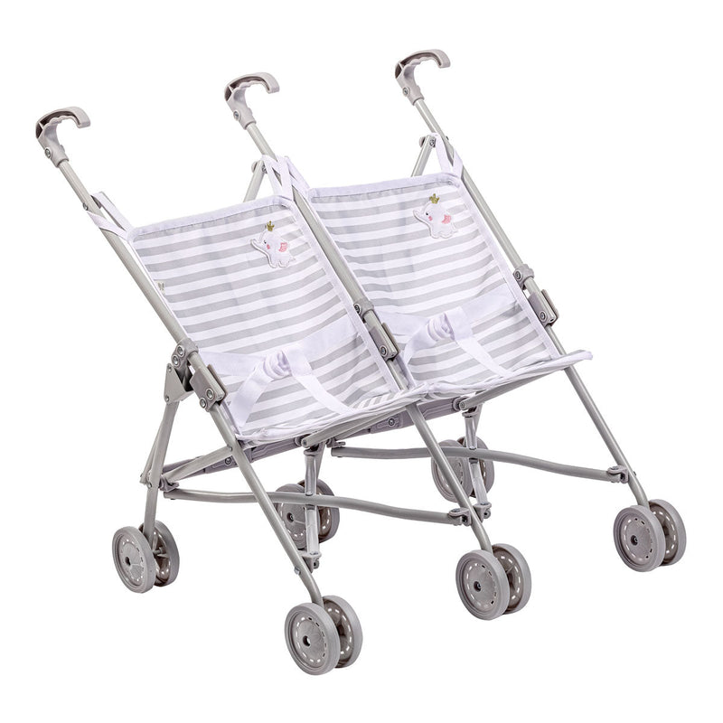 Twin umbrella stroller with grey and white striped fabric featuring elephant design