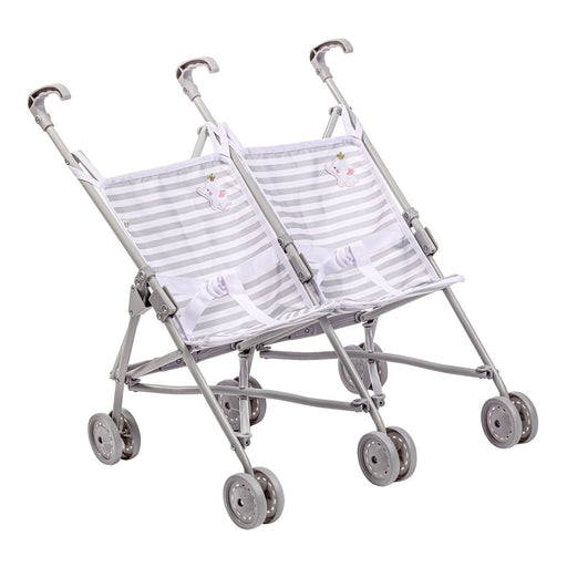 Twin umbrella stroller with grey and white striped fabric featuring elephant design
