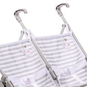 Close-up detail of twin umbrella stroller fabric seats with grey elephant design and striped pattern