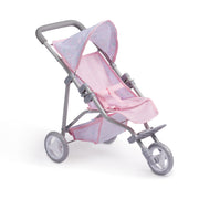 Pink folding doll stroller with gray frame on white background