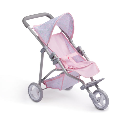 Pink folding doll stroller with gray frame on white background