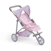 Pink folding doll stroller with gray frame on white background