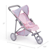 Pink folding jogger stroller with gray frame showing dimensions