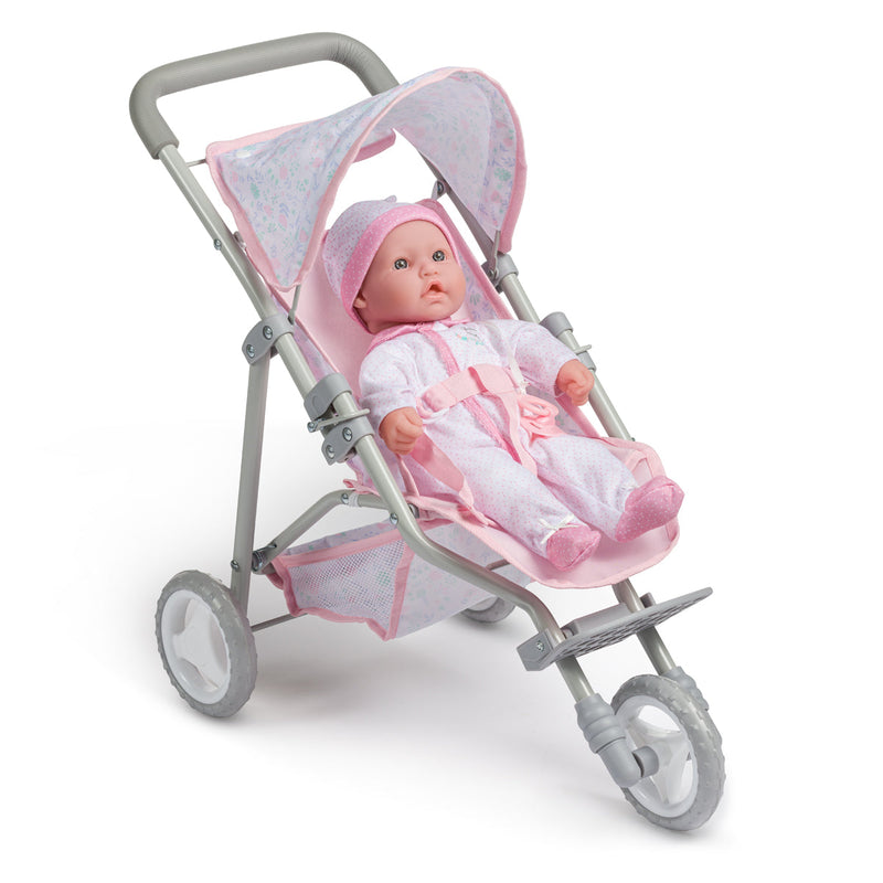 Pink baby doll stroller with baby doll in pink outfit on white background