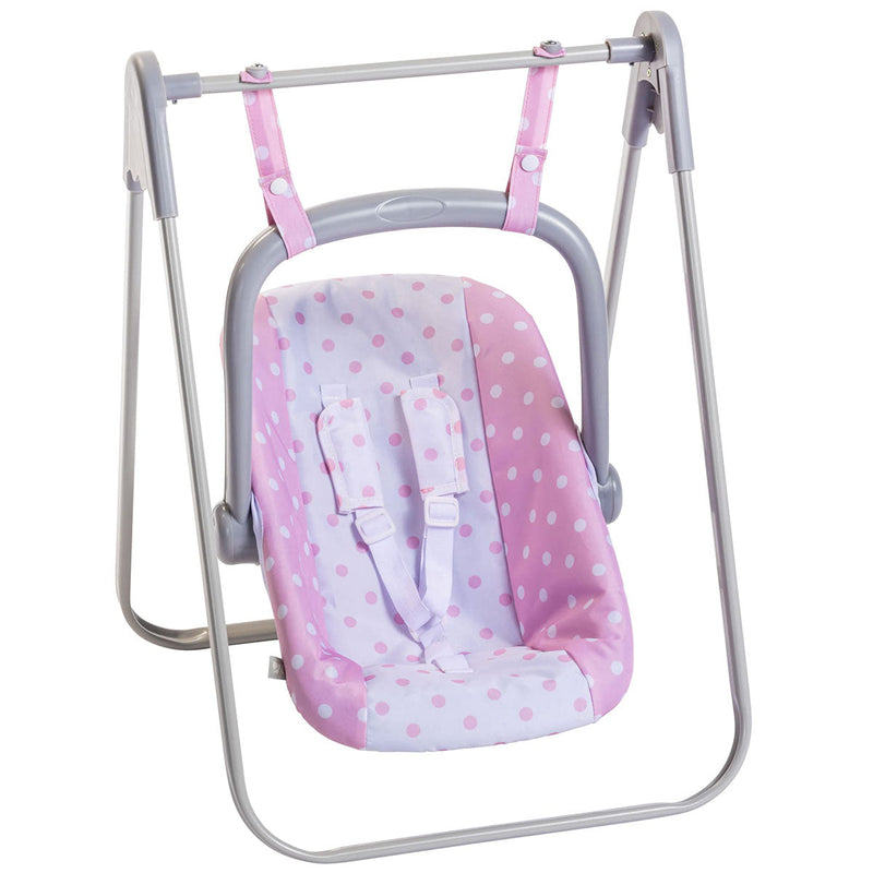 Pink polka dot doll swing carrier with gray metal frame and safety harness
