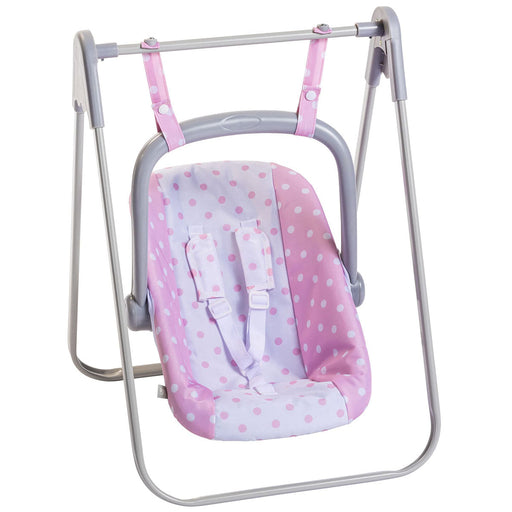 Pink polka dot doll swing carrier with gray metal frame and safety harness