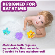 Child in bathtub playing with colorful mold-free squeeze bath toys including starfish shapes
