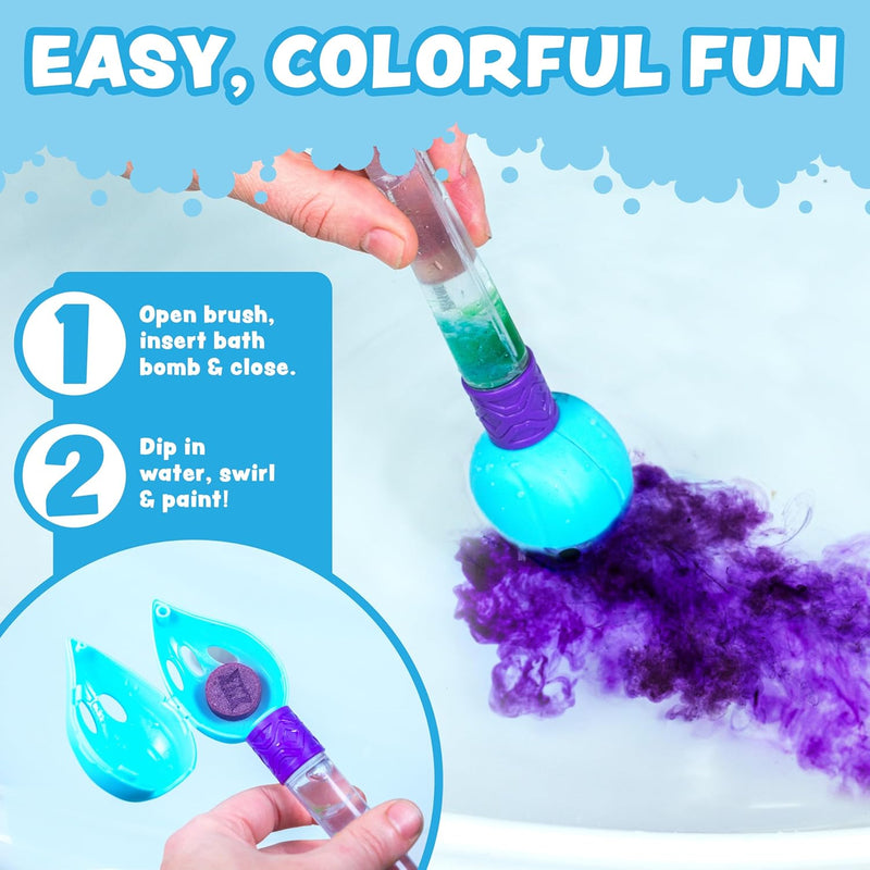 Bath brush with bath bomb creating colorful purple water clouds in bathtub demonstration