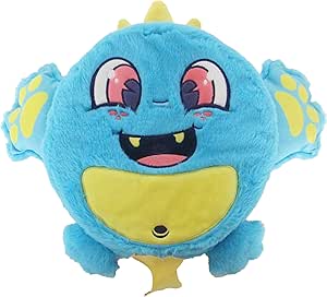 Blue fuzzy monster plush toy with yellow belly, big eyes, and open mouth showing teeth