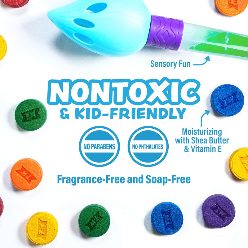 Colorful bath bomb set with blue brush featuring nontoxic kid-friendly formula and multiple colored bombs