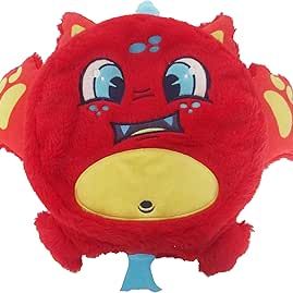 Red monster plush toy with yellow belly, googly eyes, and zipper mouth