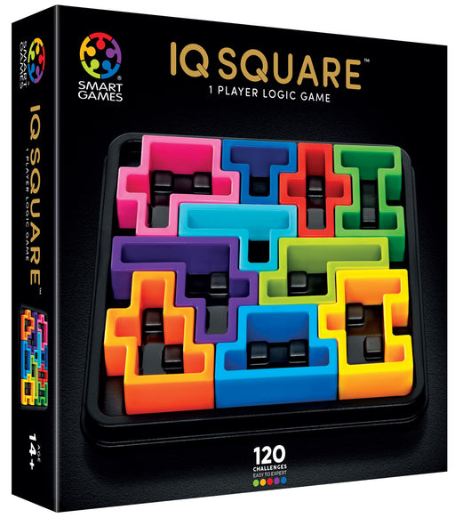 Smart Games IQ Square 1-player logic game box with colorful puzzle pieces on dark background