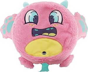 Pink plush monster toy with large eyes, open mouth, and yellow belly patch