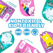 Colorful unicorn-themed bubble bath products arranged on white background showing nontoxic kid-friendly formulation