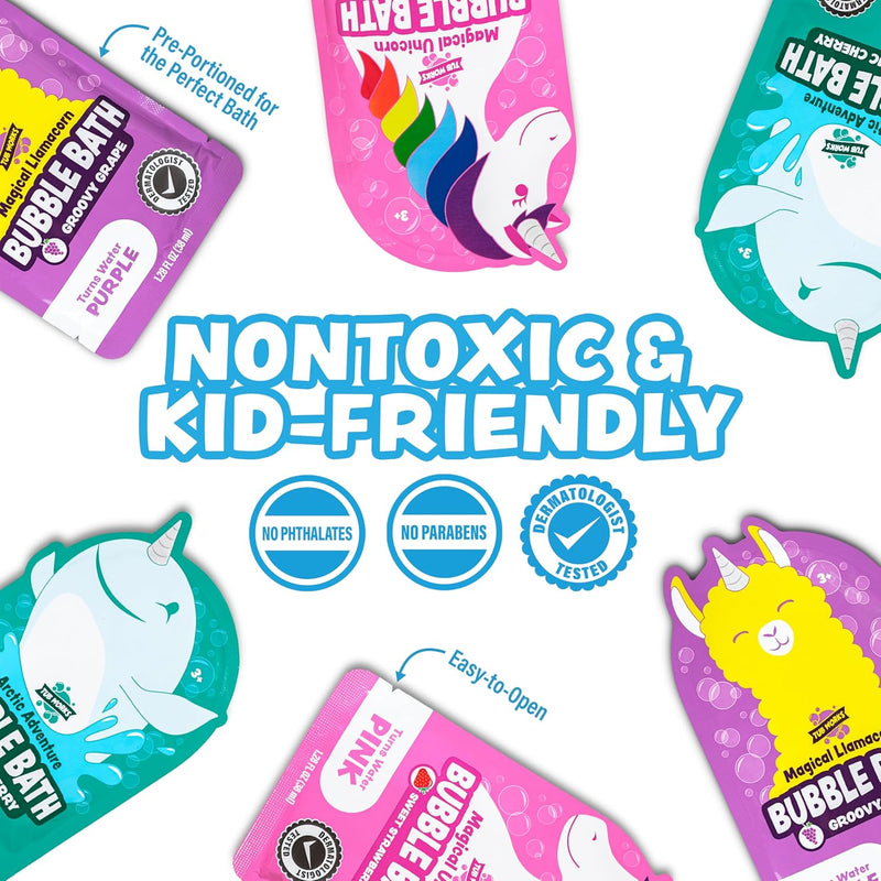 Colorful unicorn-themed bubble bath products arranged on white background showing nontoxic kid-friendly formulation