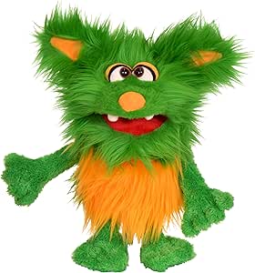 Green furry monster puppet with orange chest and googly eyes