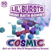 Lil' Bursts Cosmic mini bath bombs with colorful cube-shaped bombs and packaging